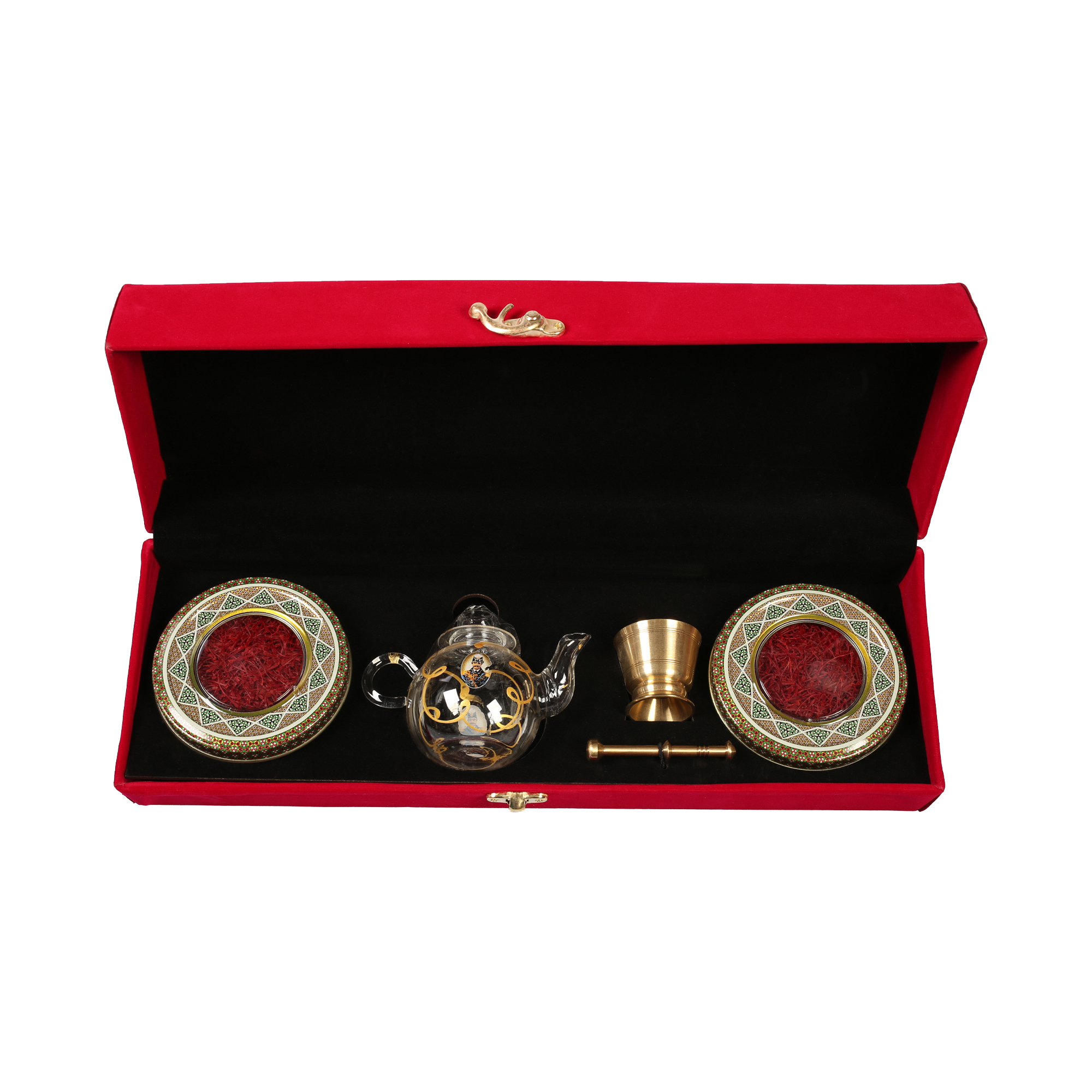 Safran Geschenkbox (10 g) Metalldose in rotem Samt mit Teekanne und Mörser