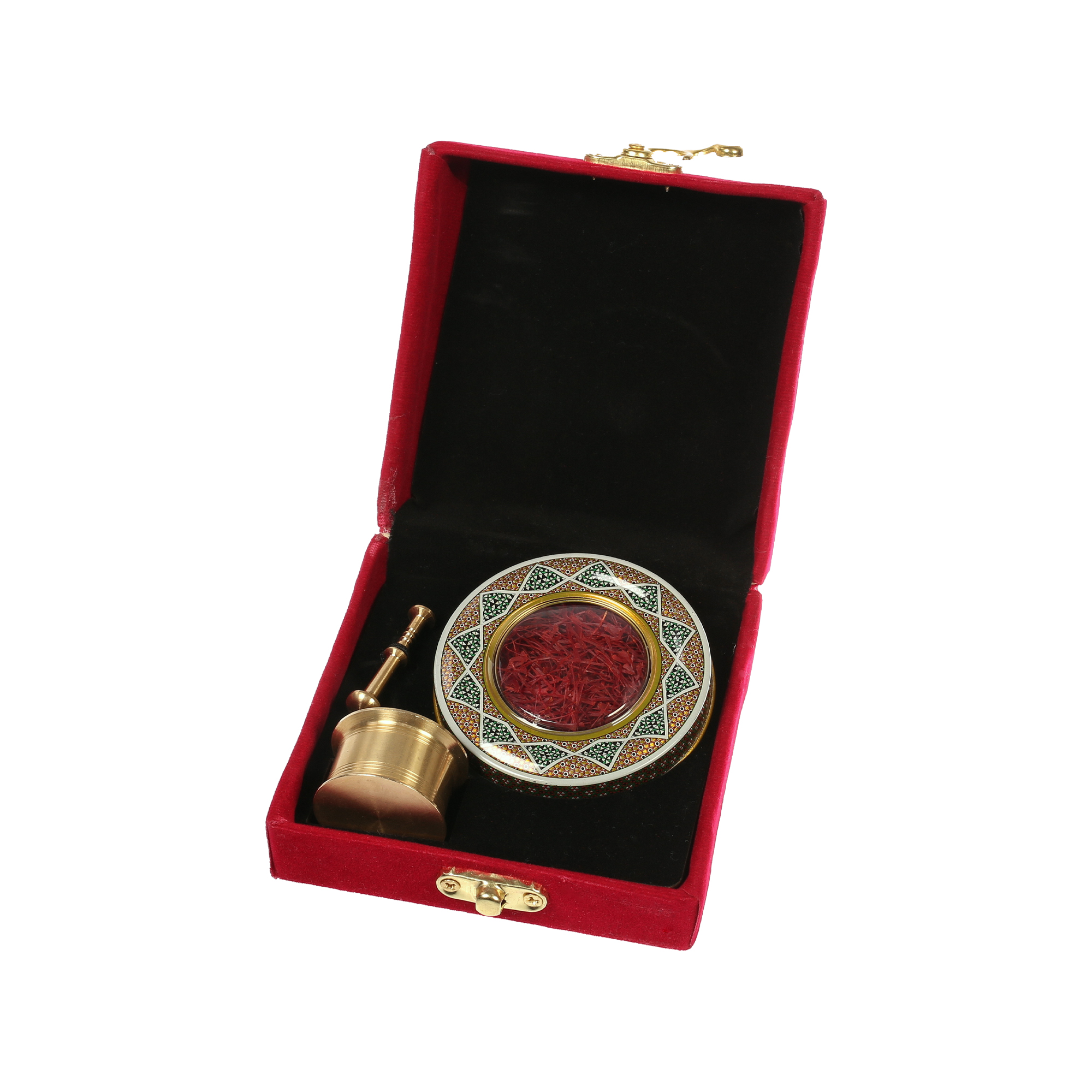 Safran Geschenkbox (3 g) in Metalldose mit rotem samt und kleinem Mörser