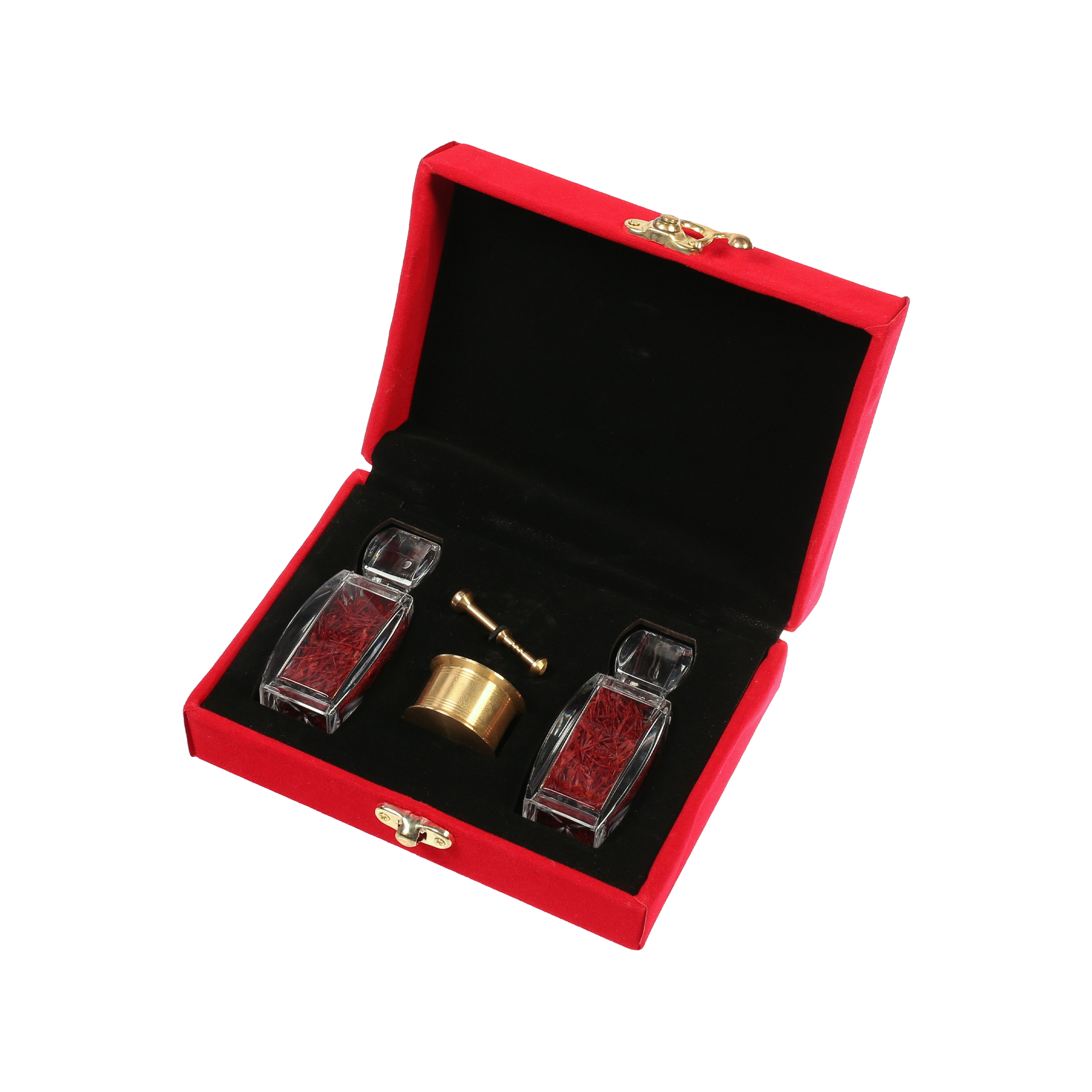 Safran Geschenkbox (5 g) mit zwei Aziandosen in rotem Samt und großem Mörser