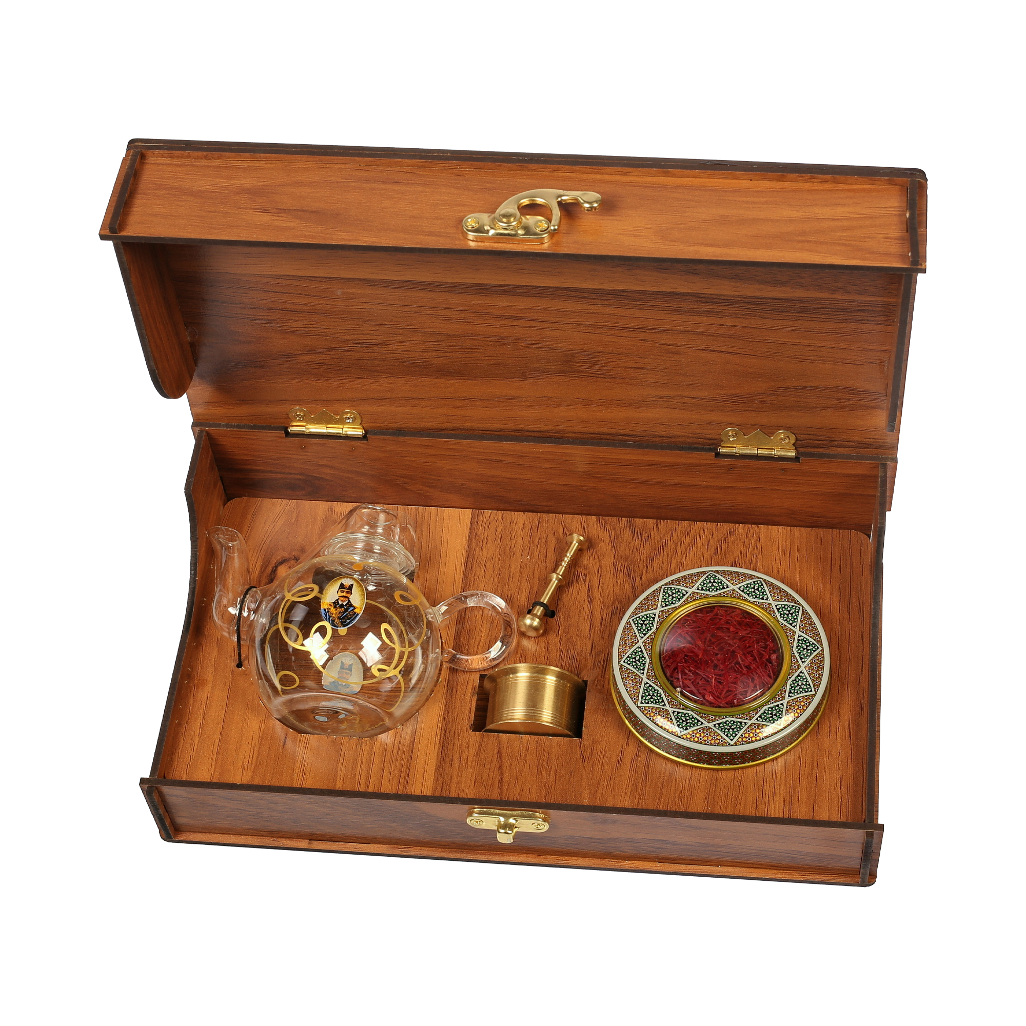 Safran Geschenkholzbox (5 g) mit Teekanne und Mörser